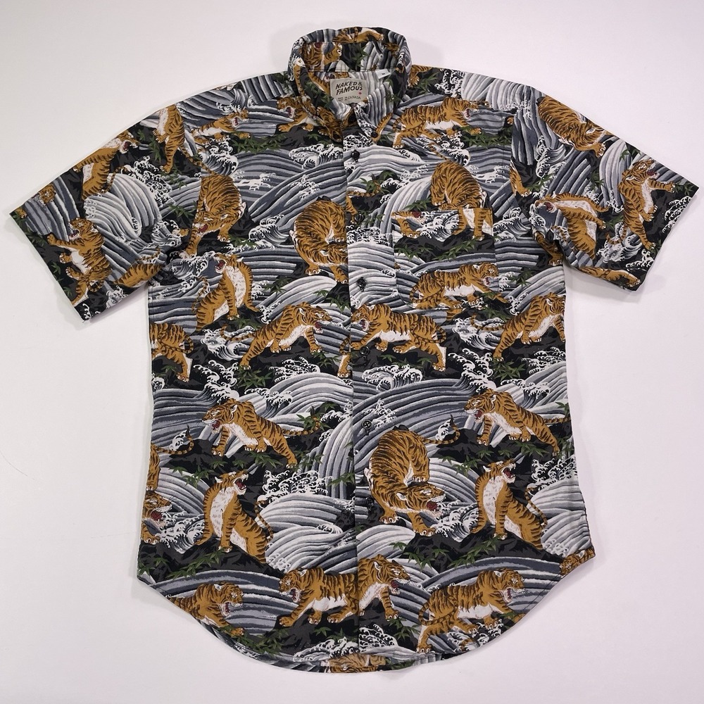 Naked & Famous Button Shirt Mens M  Tiger Sketch Japanese Fabric Short Sleev